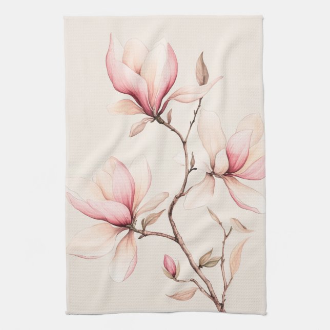 Soft Watercolor Magnolia Blooms Elegant  Tea Towel (Vertical)