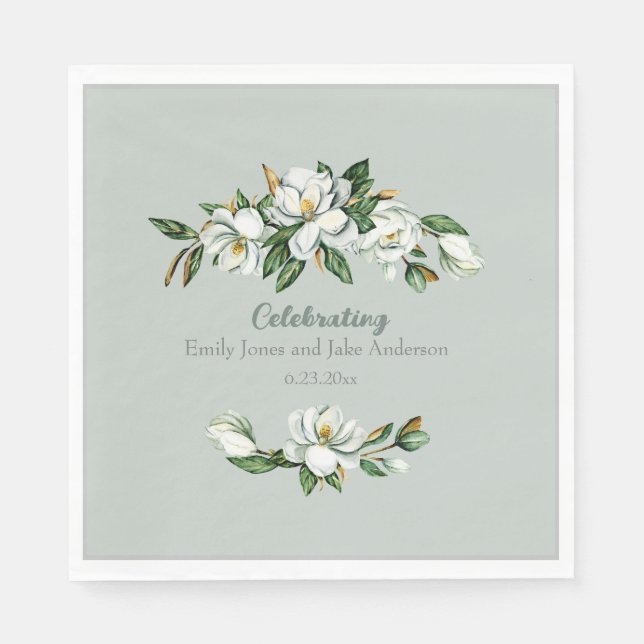 Soft Watercolor Magnolia Greenery Wedding  Napkins (Front)