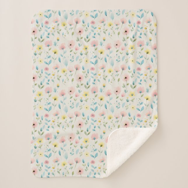 soft watercolor meadow blossoms sherpa blanket (Front)