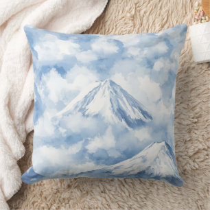 Soft Watercolor Mountains Snow Clouds Blue White Cushion