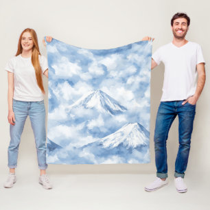 Soft Watercolor Mountains Snow Clouds Blue White Fleece Blanket
