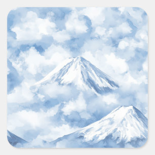Soft Watercolor Mountains Snow Clouds Blue White Square Sticker