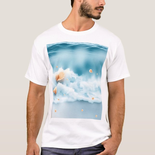 Soft Watercolor Ocean Waves with Shells T-Shirt (Front)