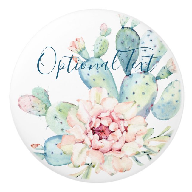 Soft Watercolor Pastel Blooming Cactus  Ceramic Knob (Front)