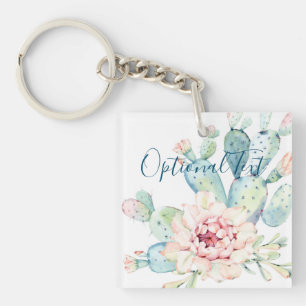 Soft Watercolor Pastel Blooming Cactus Key Ring