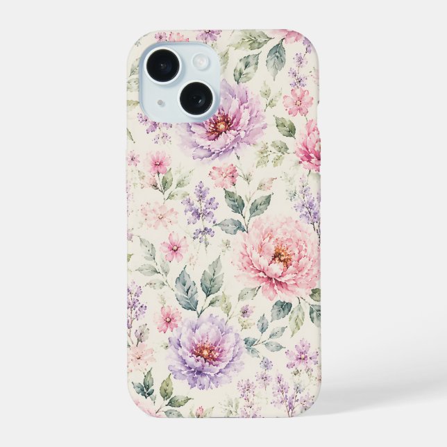 Soft Watercolor Peony Floral iPhone 15 Case (Back)