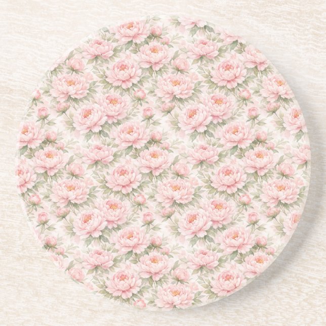 Soft Watercolor Peony Floral Seamless Pattern Coaster (Front)