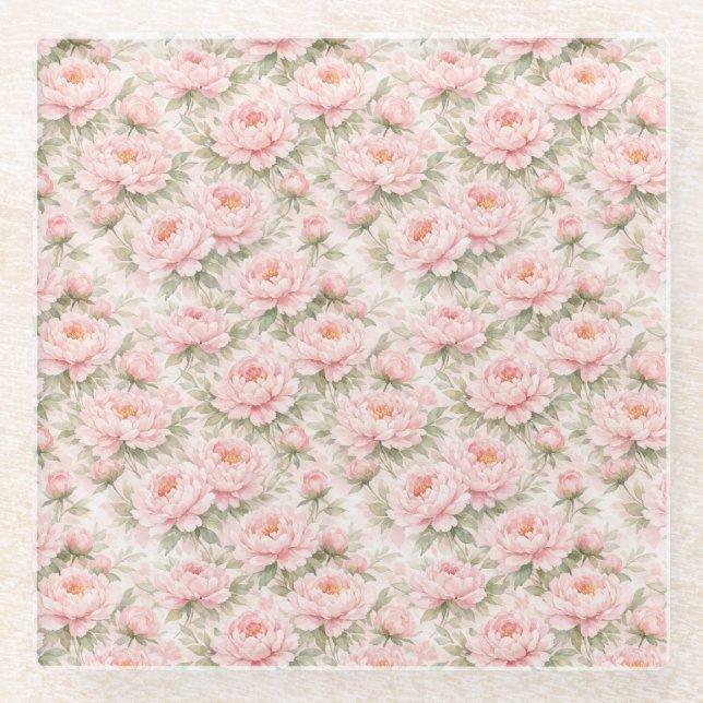 Soft Watercolor Peony Floral Seamless Pattern Glass Coaster (Front)