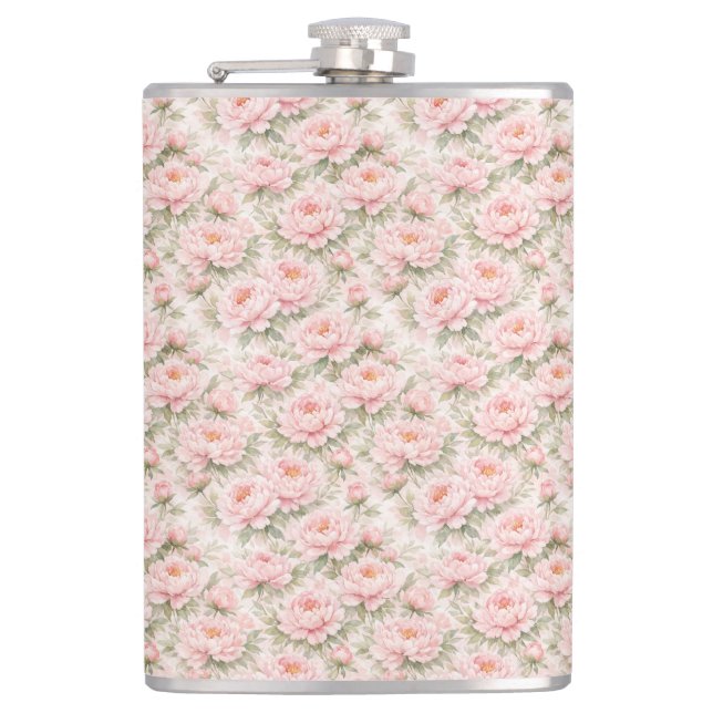 Soft Watercolor Peony Floral Seamless Pattern Hip Flask (Front)