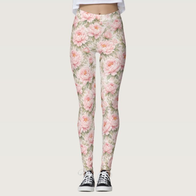 Soft Watercolor Peony Floral Seamless Pattern Leggings (Front)