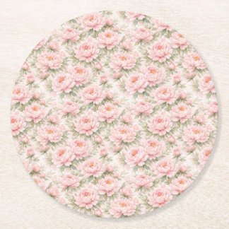 Soft Watercolor Peony Floral Seamless Pattern Round Paper Coaster