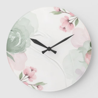Soft Watercolor Pink and Green Floral Frame Large Clock