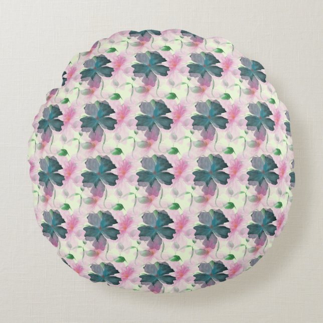 Soft Watercolor Pink Floral Pattern Round Cushion (Front)