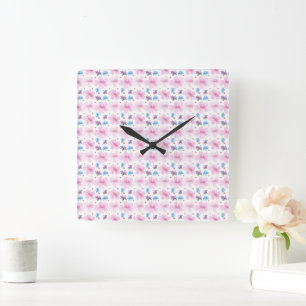Soft Watercolor Pink Floral Pattern  Square Wall Clock