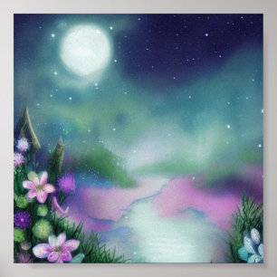 Soft watercolor pond and moon poster