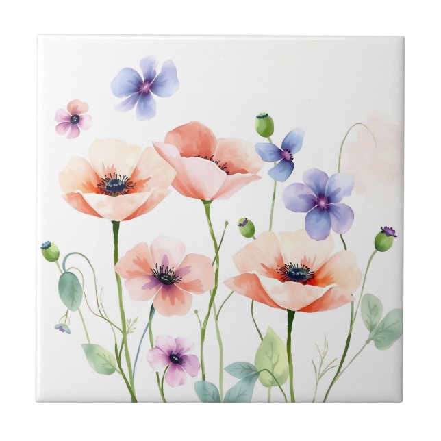 Soft Watercolor Poppies and Violets in a Romantic  Tile (Front)