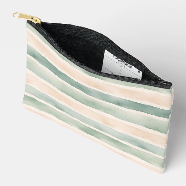Soft Watercolor Sage Green & Peach Stripes Accessory Pouch (Open)