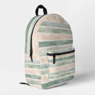 Soft Watercolor Sage Green & Peach Stripes Printed Backpack