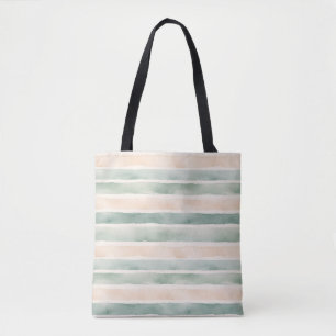 Soft Watercolor Sage Green & Peach Stripes Tote Bag