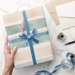 Soft Watercolor Sage Green & Peach Stripes Wrapping Paper