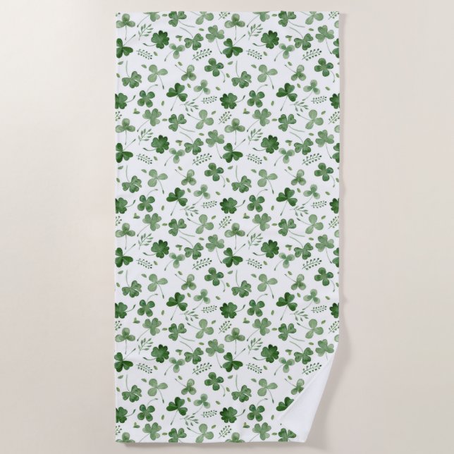 Soft Watercolor Shamrock Pattern Beach Towel (Front)