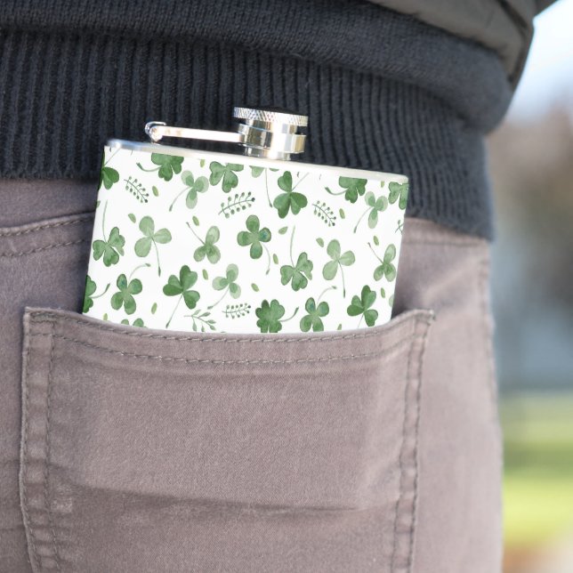 Soft Watercolor Shamrock Pattern Hip Flask (In Situ)