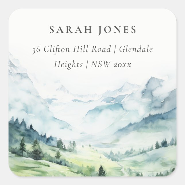 Soft Watercolor Snow Mountain Landscape Address Square Sticker (Front)