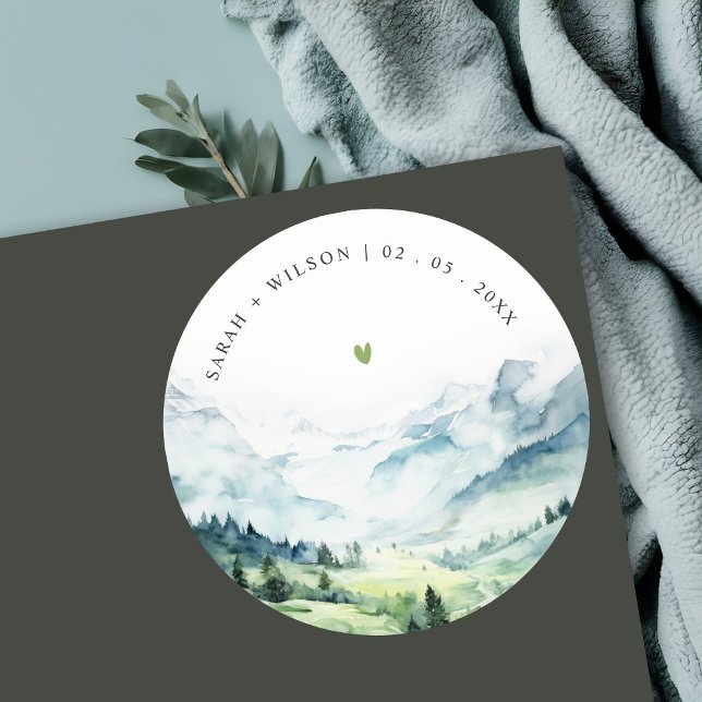 Soft Watercolor Snow Mountain Landscape Wedding Classic Round Sticker (Creator Uploaded)