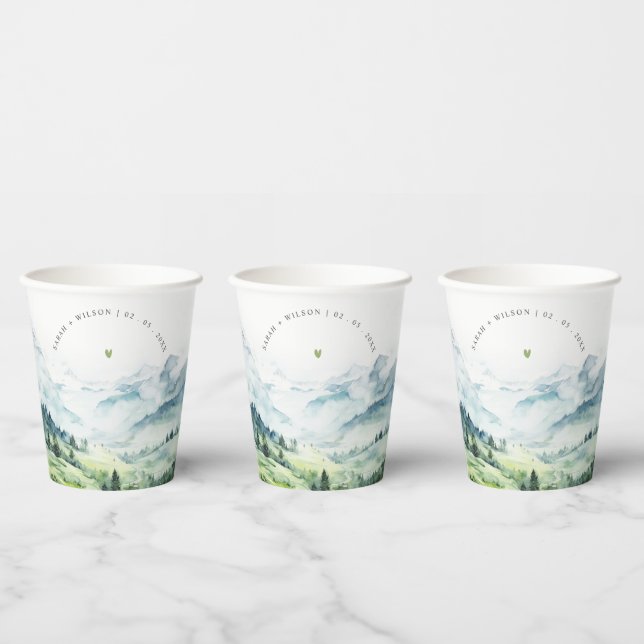 Soft Watercolor Snow Mountain Landscape Wedding Paper Cups (Multi)