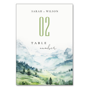 Soft Watercolor Snow Mountain Landscape Wedding Table Number