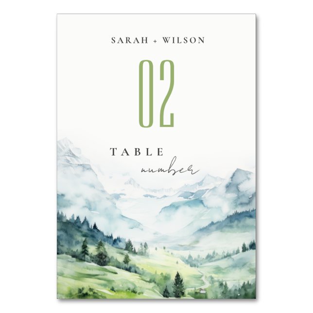 Soft Watercolor Snow Mountain Landscape Wedding Table Number (Front)