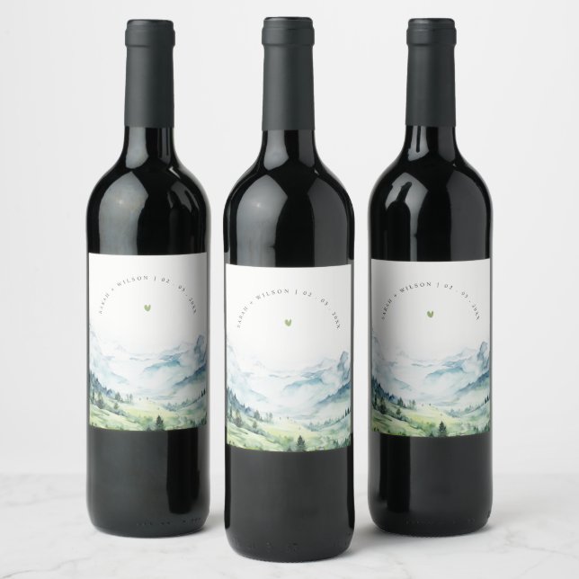 Soft Watercolor Snow Mountain Landscape Wedding Wine Label (Bottles)