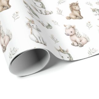 Soft Watercolor Unicorns and Flowers Pattern Wrapping Paper