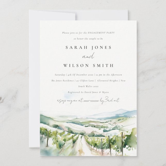 Soft Watercolor Vineyard Landscape Engagement Invitation (Front)