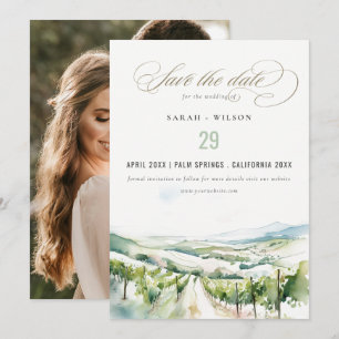 Soft Watercolor Vineyard Landscape Wedding Photo Save The Date