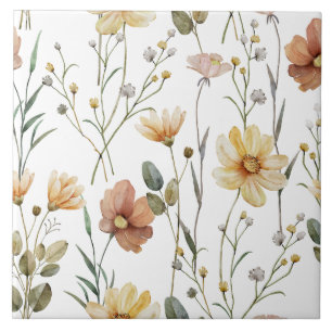 Soft Watercolor Wildflower Botanical Boho Pattern Tile