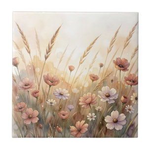 Soft Watercolor Wildflower Meadow Peach Blooms Tile
