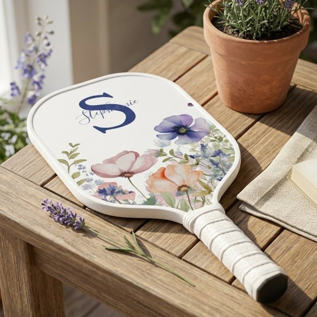 Soft Watercolor Wildflowers – Feminine Pickleball  Paddle (Floral monogram pickleball paddle)