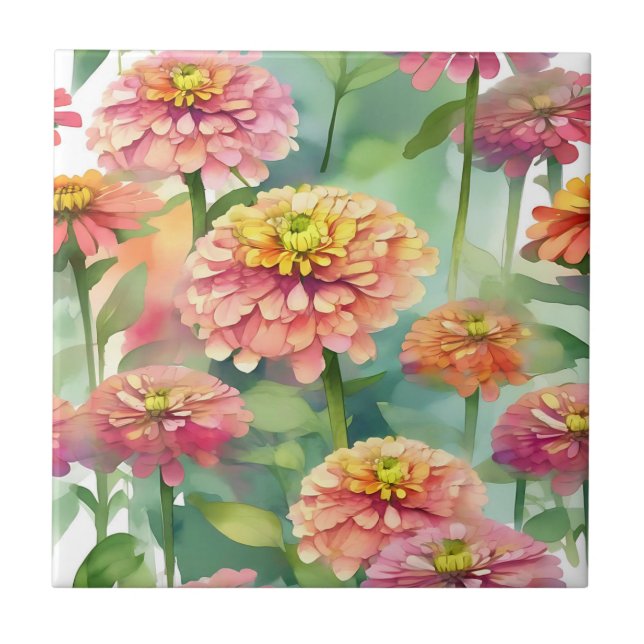 Soft Watercolor Zinnia Floral Tile (Front)