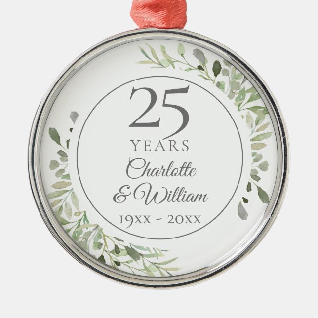 Soft Watercolour Greenery 25th Anniversary Metal Tree Decoration (Front)