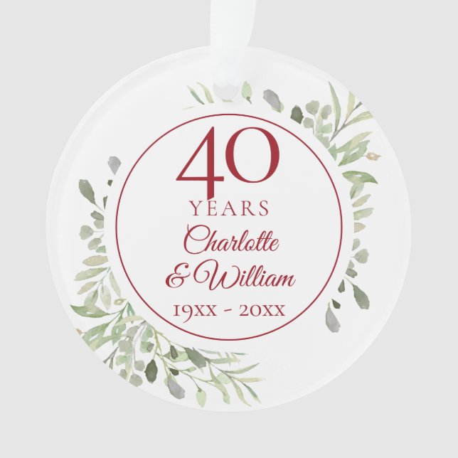 Soft Watercolour Greenery 40th Anniversary Photo Ornament (Front)