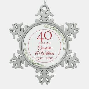 Soft Watercolour Greenery 40th Anniversary Snowflake Pewter Christmas Ornament