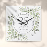 Soft Watercolour Leaves 25th Wedding Anniversary Square Wall Clock<br><div class="desc">Featuring delicate soft watercolour leaves,  this chic botanical 25th wedding anniversary design can be personalised with your special anniversary information in elegant silver text. Designed by Thisisnotme©</div>
