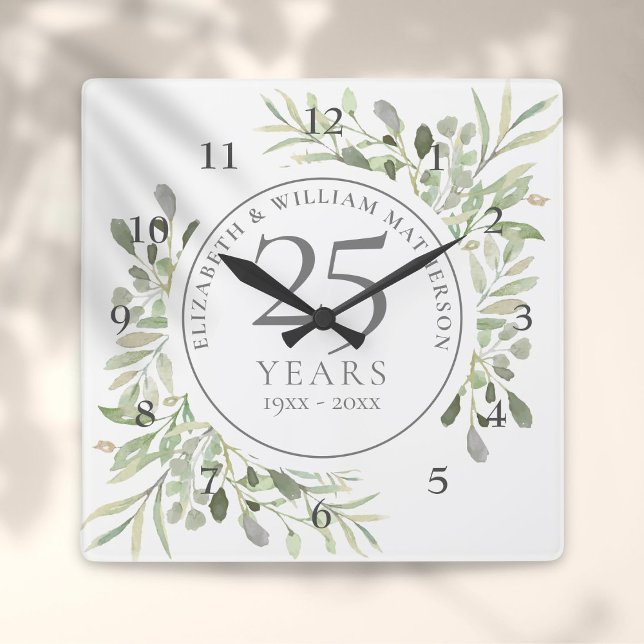 Soft Watercolour Leaves 25th Wedding Anniversary Square Wall Clock (Soft Watercolour Leaves 25th Wedding Anniversary Square Wall Clock)