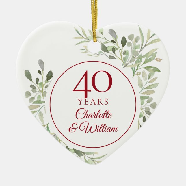 Soft Watercolour Leaves 40th Anniversary Ceramic Tree Decoration (Front)