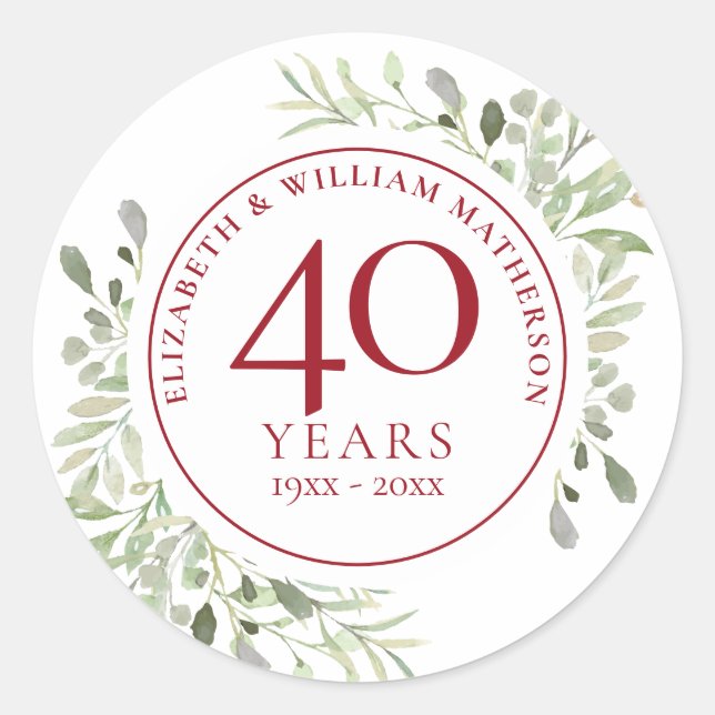 Soft Watercolour Leaves 40th Anniversary Classic Round Sticker (Front)