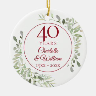 Soft Watercolour Leaves 40th Anniversary Photo Ceramic Tree Decoration