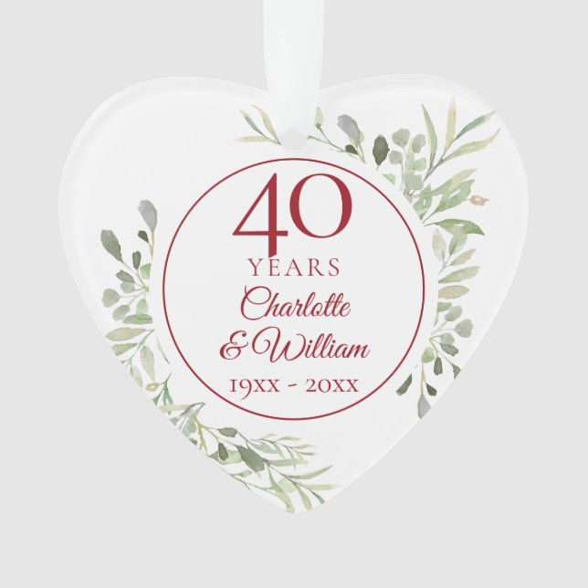 Soft Watercolour Leaves 40th Anniversary Photo Ornament (Front)