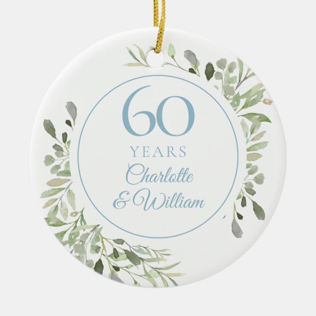 Soft Watercolour Leaves 60th Anniversary Ceramic Tree Decoration (Front)