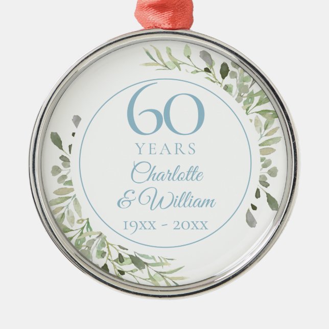 Soft Watercolour Leaves 60th Anniversary Metal Tree Decoration (Front)